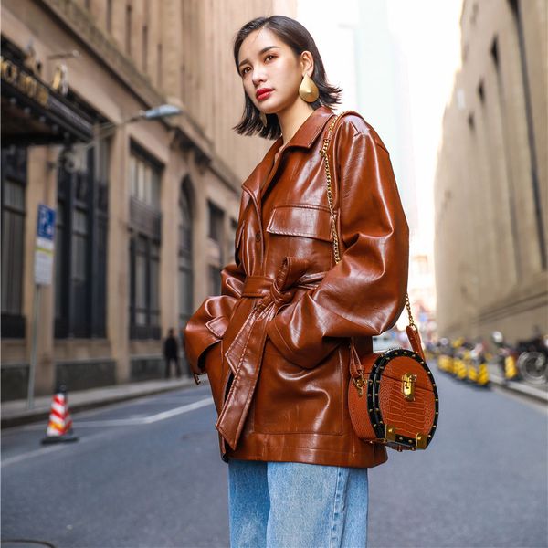 

women spring autumn turn down collar pu leather jackets casual slim soft moto jackets biker faux leather casaco feminino, Black;brown