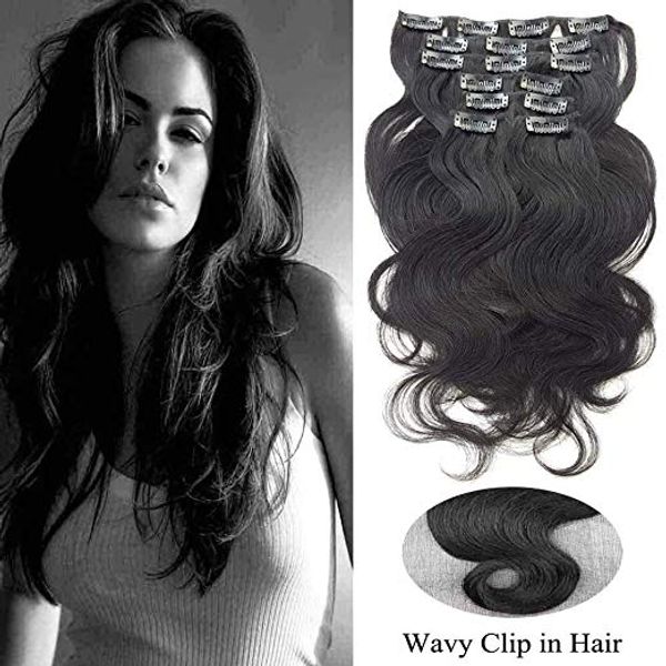 Jet Black Remy Human Hair Clip On Extensions Full Head Thick Wavy