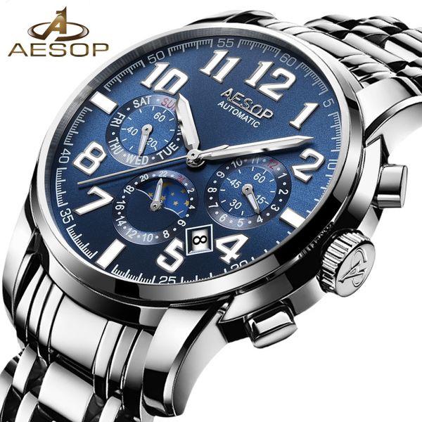 

aesop watch men automatic mechanical wristwatch stainless steel shockproof waterproof watch male clock relogio masculino hodinky, Slivery;brown