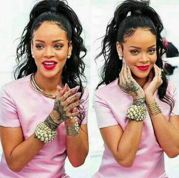 

rihanna clip ponytail hair extensions human curly wavy hairpieces 10-22inch 140g drawsring pony tails women fashion 5 colors, Black