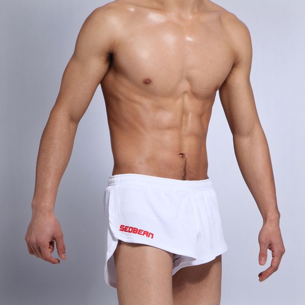 

2018 men boxer shorts double-layer anti-light sports shorts running home plus size beachwear swimming short square loose short, White;red