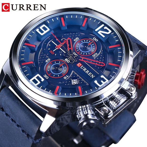 

curren 2018 ocean series blue leather belt 3 dial calendar mens creative watch quartz wrist watches male clock, Slivery;brown