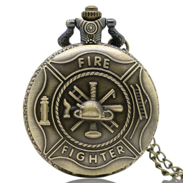 

steampunk fire fighter theme 3d quartz pocket watch retro with necklace chain pendant for menwomen bronze fob watches gifts, Slivery;golden