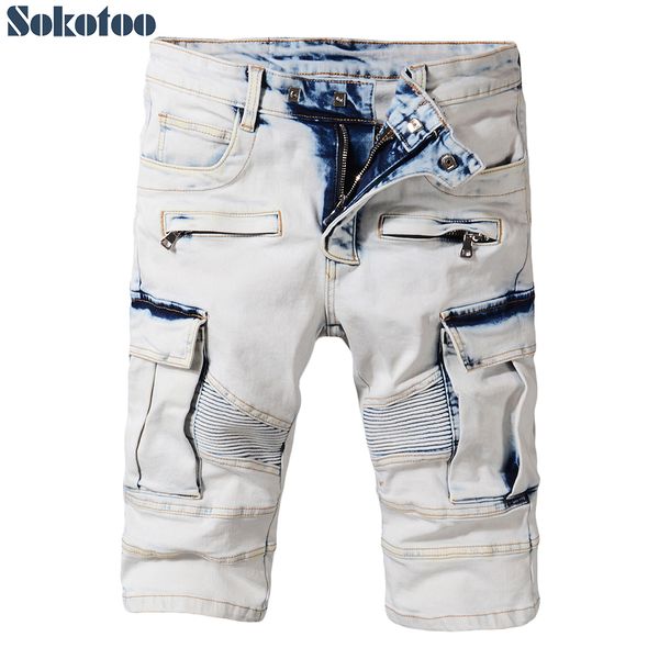 

sokotoo men's summer pale blue pockets cargo biker shorts for moto plus size knee length stretch denim slim jeans