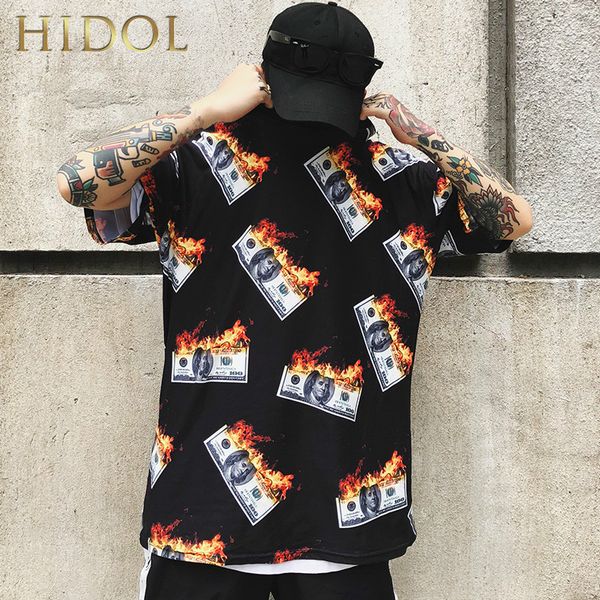 

Oversize T-shirt Fire Flame American Dollar US Money Print T shirt Hip Hop Streetwear Short Tshirt Men Brand Clothing Swag Tee