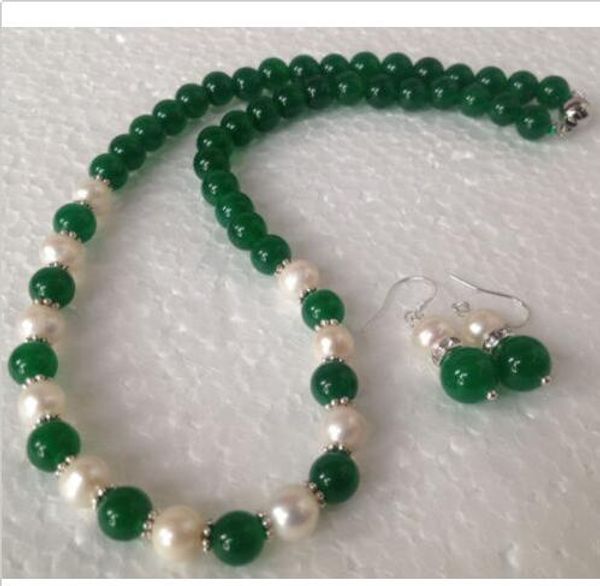 

natural 7-8mm white akoya pearl/green jade round beads necklace earrings set, Black