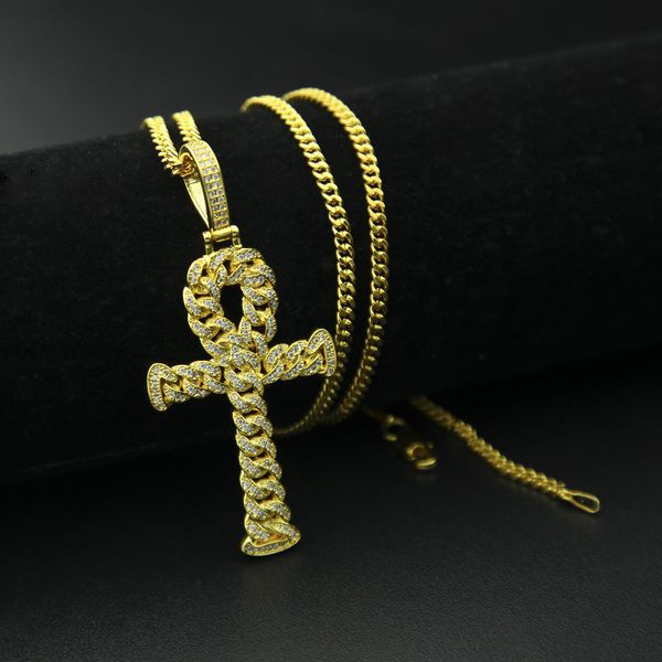 HipHop Colar para As Mulheres Novo Cobre Micro-ajuste Zircão Ankh Chave Pingente de Diamante Cheio Cuban Cadeia Cruz Atacado