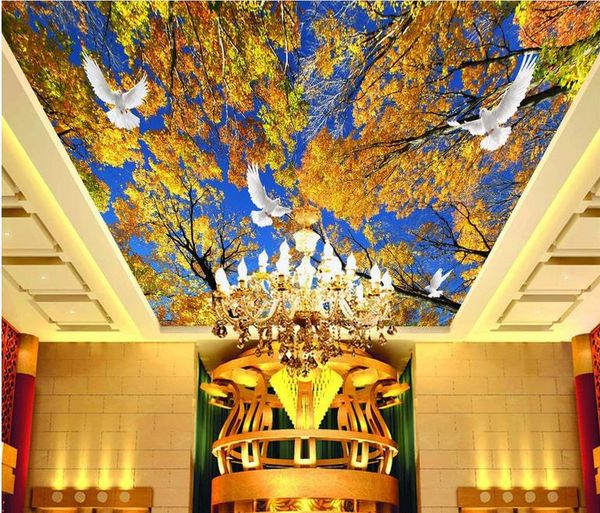 

обои 3d стереоскопический осенние листья небо лес пейзаж потолок зенит фреска декоративная живопись