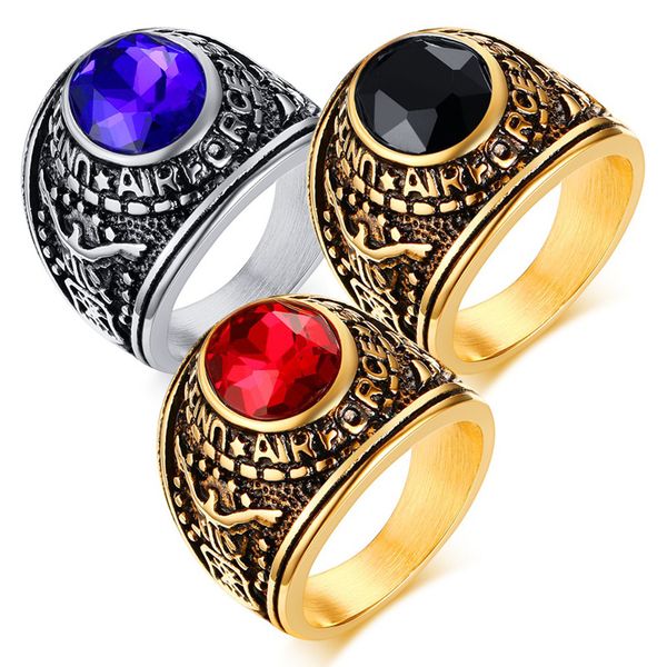 

us men's rings stainless steel sier gold-color red blue black stone ring vintage male alliance jewelry, Golden;silver