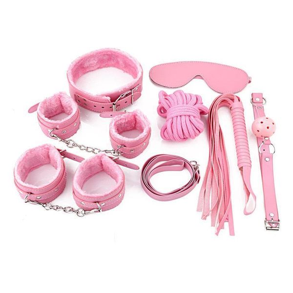 Bondage Rosa PU-Pelz-Rückhalteset Knebel Peitsche Hand Fußfesseln Augenbinde Halsband #R97