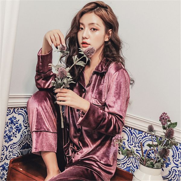 

july's song winter pajamas set women warm sleepwear deep gold velvet pajamas sleepwear long sleeves pants 2 peice nightwear, Blue;gray