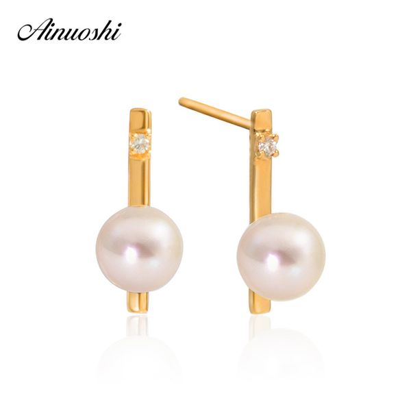 

ainuoshi 18k yellow gold diamond stud earrings natural cultured freshwater white pearl natural real diamond earring jewelry gift, Golden;silver