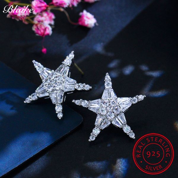 

blaike real 925 sterling silver star stud earrings for women white austrian crystal earrings wedding fine jewelry gift, Golden;silver