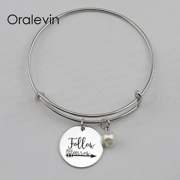 

follow your arrow inspirational hand stamped engraved custom pendant expandable wire bangle bracelet jewelry,10pcs/lot, #ln2253b, Black
