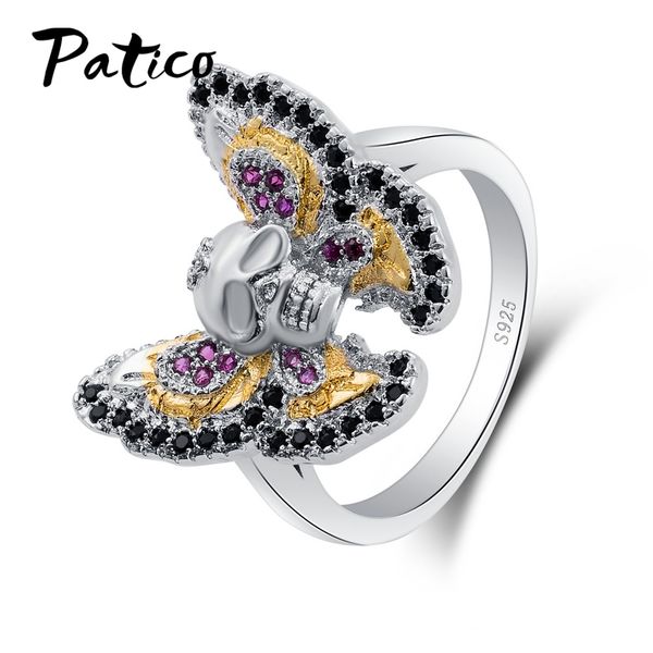 

patico exaggerated punk style jewelry rings for women 925 sterling sier skull design butterfly rings for wedding/engagement, Golden;silver
