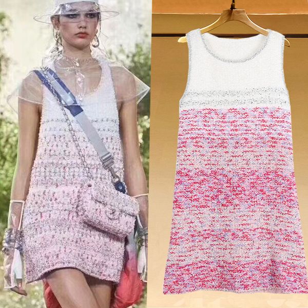 

brand designer women runway knitted dresses 2018 summer fashion style round neck sleeveless gradient pink silver stitching tank dresses, Black