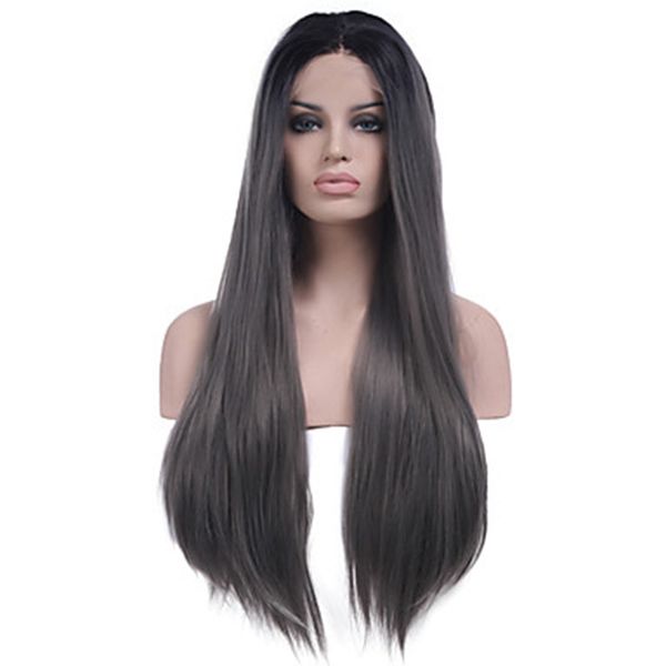 

long 2 tones synthetic lace front wig gray grey silver ombre hand tied silky straight wigs dark roots heat resistant fiber hair, Black