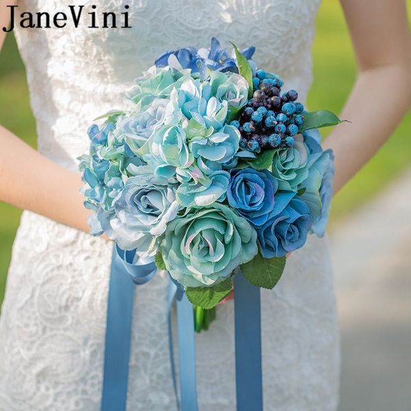 Acheter Janevini Fleurs Bleues Bouquet De Mariée Soie Artificielle Rose Demoiselle Dhonneur Fleur Pour Mariée Marié Fleur Ruban Broche Bouquet De