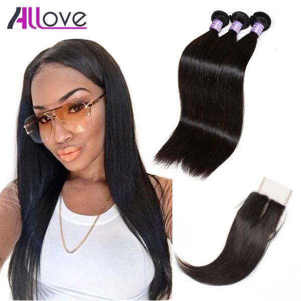 

allove wholesale straight 8a brazilian virgin human hair bundles weft with closure 3pcs malaysia peruvian indian extensions for women all ag, Black