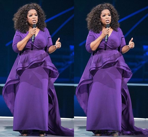 Yeni Oprah Winfrey Örgün Abiye Katmanlı Etekler Seksi V yaka Gelin Elbise Of 3/4 Uzun Kollu Ruffles Pileleri Dantelli Anne