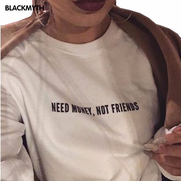 

women's trendy long sleeve sweatshirts need money,not friends letter print loose black white hoodies outerwear plus size