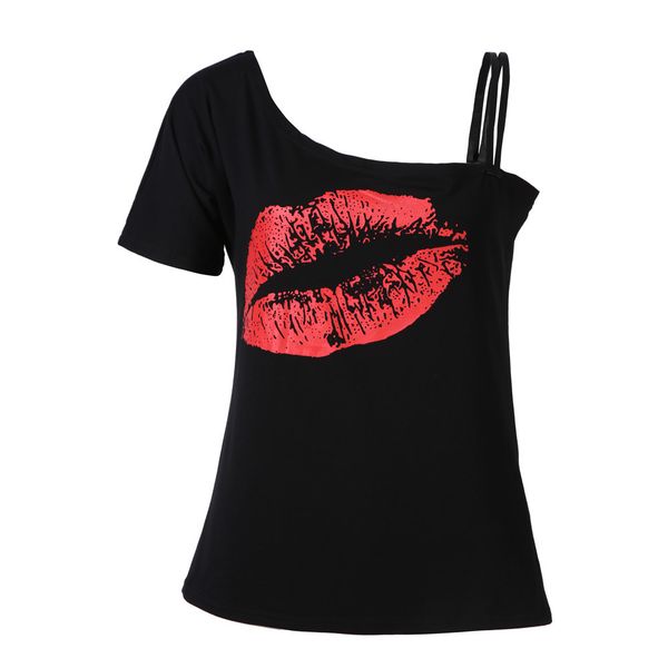 

summer women printing red lips off shoulder short sleeve t-shirt spaghetti strap oblique fashion lady cold shoulder, White