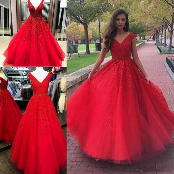 

Red A Line Quinceanera Dresses New V Neck Tulle Lace Appliques Beaded Belt Long Sweet 15 For Girls Formal Prom Party Gowns