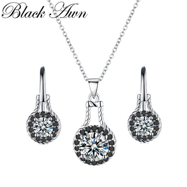

black awn] vintage 925 sterling silver jewelry sets black spinel wedding women's necklace pendant earrings set z007