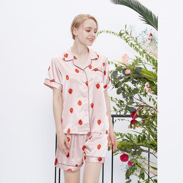 

2 two piece set strawberry print summer 2018 women silk pajamas turn-down collar sleepwear shirt+shorts casual pajama sets, Blue;gray