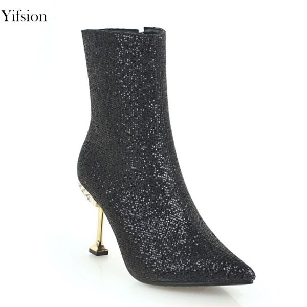 

yifsion gorgeous women winter boots stiletto high heel mid-calf boots pointed toe gold silver black shoes women us size 3-10.5