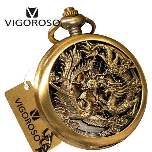 

2017 new bronze steel vintage retro steampunk skeleton designer dragon&phoenix mechanical hand wind pocket watch fob chain clock, Slivery;golden