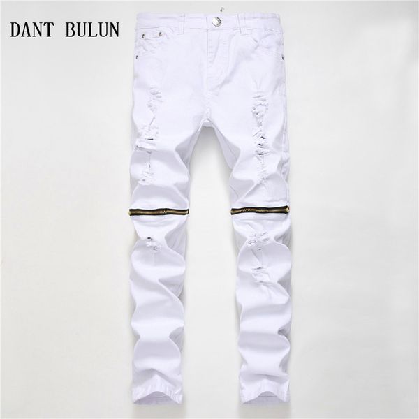 

dant bulun new fashion mens ripped biker jeans red black white slim fit skinny men's hole casual cotton zipper plus denim pants, Blue