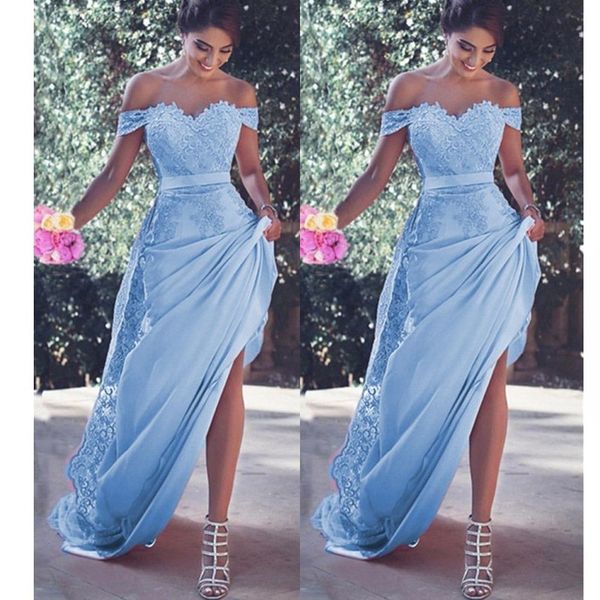 

light blue chiffon mermaid prom dresses off the shoulder lace appliques sash sweep train party dress dubai arabia formal evening dresses, Black