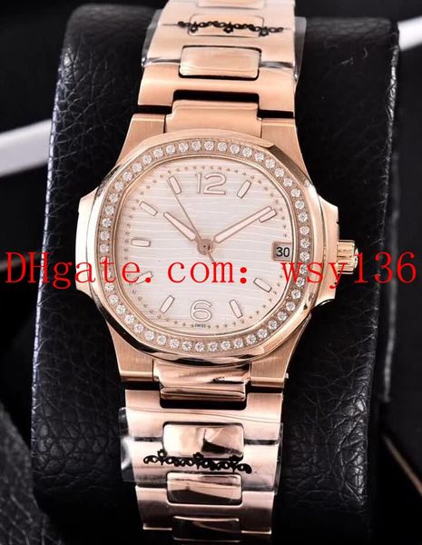 

3 color nautilus ladies 18k rose gold & diamond quartz watch 7010r-011 35mm women fashion wrist watches, Slivery;brown