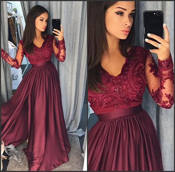 

floor length matte silk like satin long sleeves lace appliqued beaded burgundy evening prom dresses vestidos de fiesta largos elegantes, Black;red
