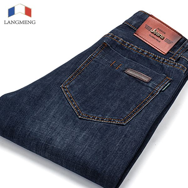 

wholesale-langmeng full length solid regular fit jeans men brand designer clothing denim pants luxury casual trousers male brand clothing, Blue