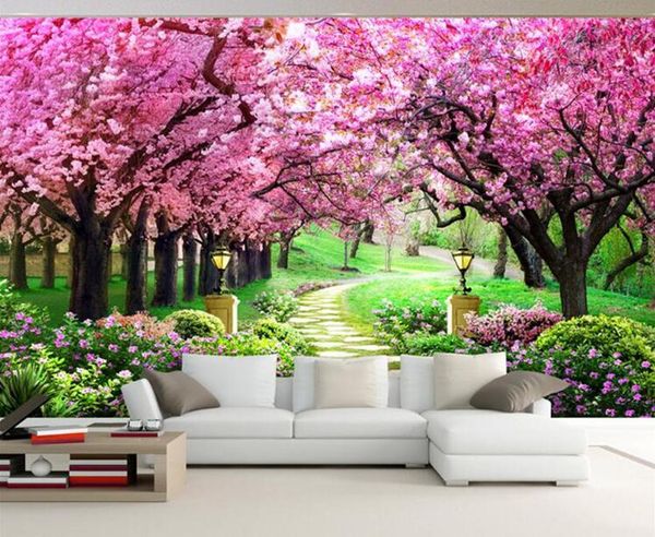 Acheter 3d Sur Mesure Photo Wallpaper Fleur Romantique Fleur De Cerisier Arbre Petite Route Mur Fonds Décran Mural Pour Living Room Chambre De Parede