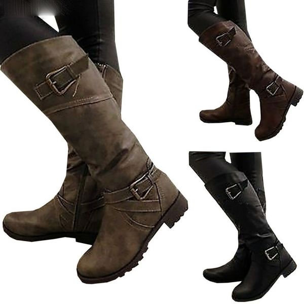 

knee high women boots warm winter leather fashion boots low heeled women black shoes size