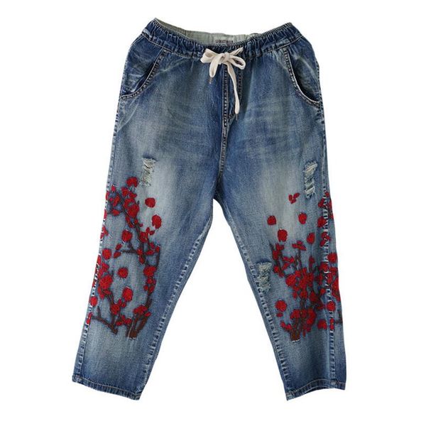 

forest female vintage style embroidery loose women denim pants 2018 spring autumn new fashion elastic waist female jeans gx1004, Blue