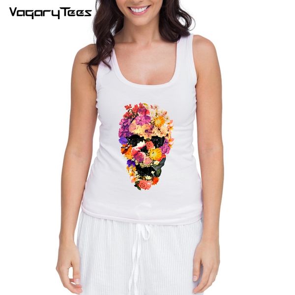 

funny botany city print tank summer women vest natural flowers skull design casual woman lovely, White
