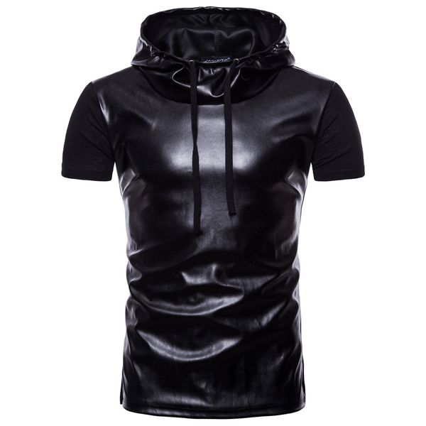 

mens leather panelled hooded casual t-shirts high street short sleeve hoodies male hip hop crew neck t-shirts, White;black