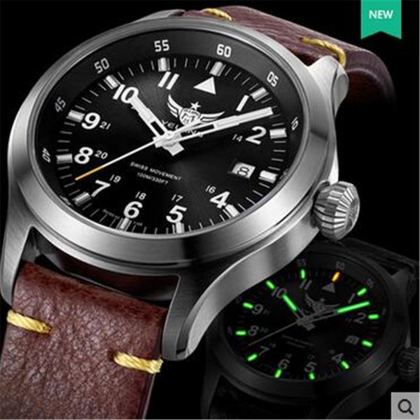 

new yelang men quartz watch tritium t100 ronda movement pilot watc waterproof 100m sapphire genuine leather date watch, Slivery;brown