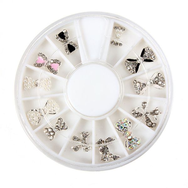 

12pcs/box nail art decoration patterns glitters bowknot nail art tips wheel 3d bow shine rhinestone, Silver;gold