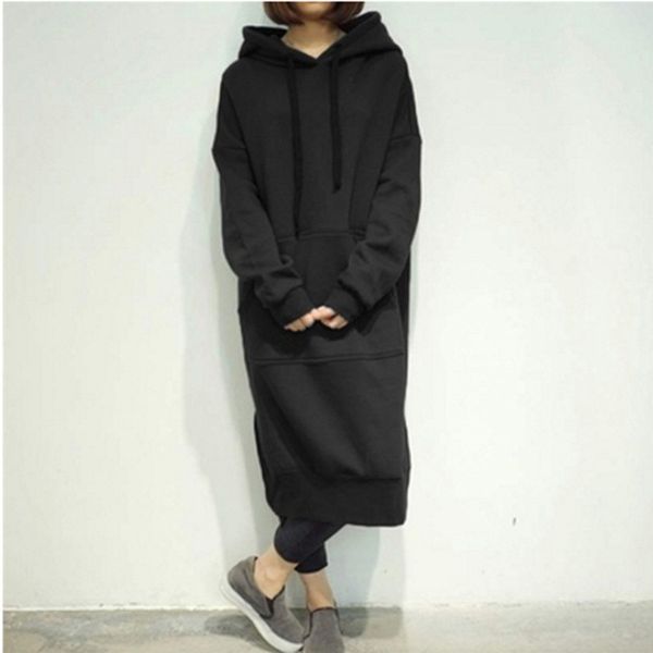

spring autumn casual loose long hoodies sweatshirt oversize full sleeve fleece split hooded dress vestidos plus size, Black