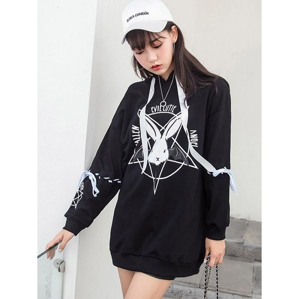 

women goth hoodies casual hip hop punk plus size korean style loose hooded cartoon print female cool fashion white sweatshirt, Black