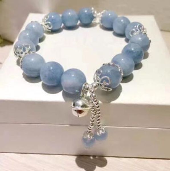 

luxury jewelry s925 sterling silver bracelets for women natural aquamarine small bell plain silver beads fashion of shipping, Black