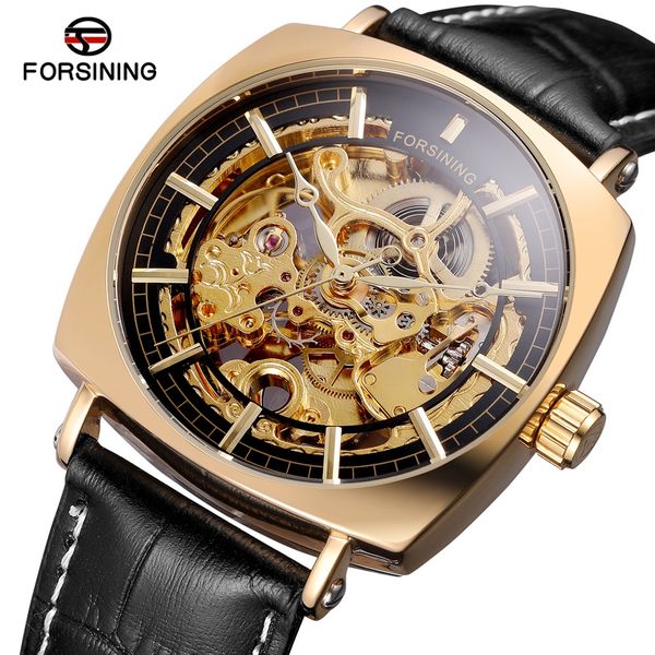 

forsining brand fashion square automatic watches men genuine leather strap hollow out mechanical wristwatch waterproof gift box, Slivery;brown