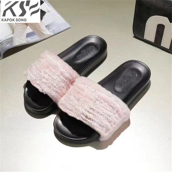 

pearl slippers women wool slipper fashion designer luxury model genunie sheepskin leather comfortable sandals women shoes lady, Black