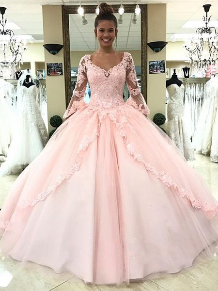 

2018 Light Pink Quinceanera Dresses Long Sleeves Ball Gown Princess Sweet 16 Birthday Dresses Sweet Girls Prom Party Gowns Custom Made
