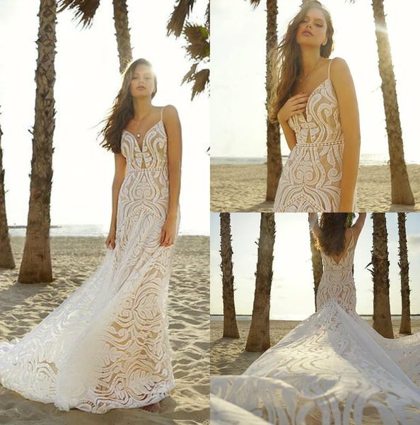 

2019 свадебные платья русалки свадебные платья спагетти спинки кружева свадебные платья богемия пляж свадебное платье, White